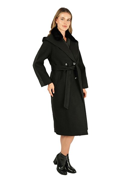 AGSPARK Kürklü Yaka Belden Bağlamalı Kemer Ön Düğme Ve Kapşon Detaylı Kapiton...