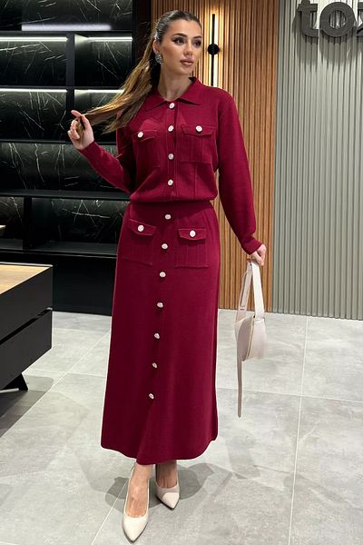 julude Claret Red Button Λεπτομερής Ζακέτα Φούστα Hijab Knitwear Σετ δύο τεμαχίων