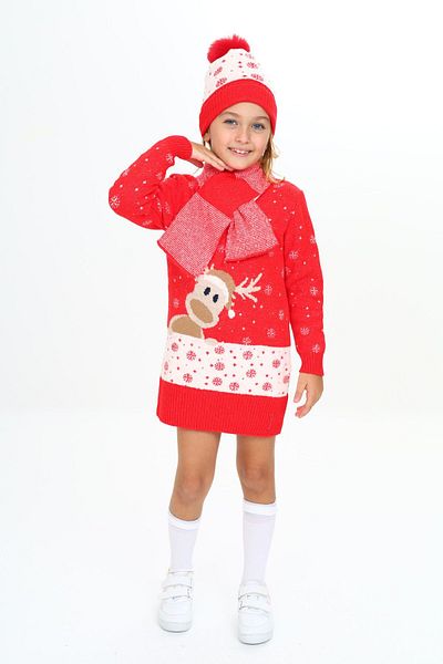 Sevimli Set 3 piese rochie fetiță cu căprioare în zăpadă și eșarfă