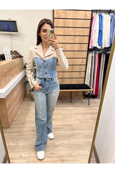 beyazmoda Taş Denim Detaylı Kaşe Ceket
