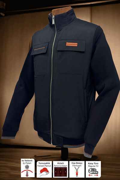 BESSA Ανδρικό χειμωνιάτικο μπουφάν Fleece Inside Parachute Fabric Λεπτομερείς τσέπες με πτερύγια Πλαϊνές τσέπες με φερμουάρ