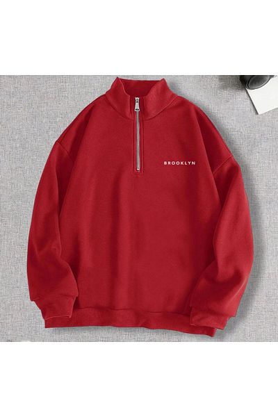 NEW TRENDY COLLECTİON Unisex Brooklyn Printed Half Zipper Stand Collar Sweatshirt