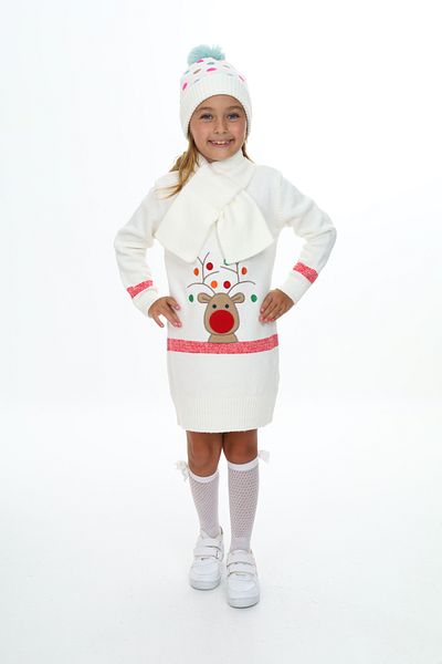 Sevimli Girl's Dress Deer Embroidered Beret and Scarf Knitwear Set of 3