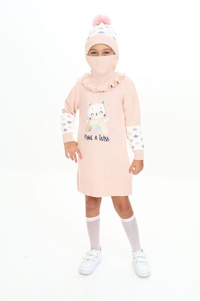 Sevimli Rochie pentru fetiță, beretă cu model de pisică pe curcubeu și eșarfă, set 3 piese