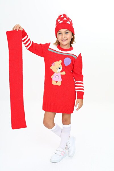 Sevimli Kız Çocuk Elbise Balon Tutan Ayıcık Işlemeli Bere Ve Atkılı 3'lü Takım