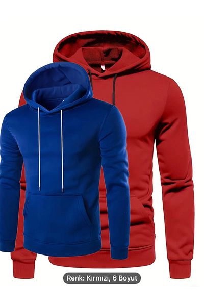 NEW TRENDY COLLECTİON Red-Blue 2-Piece Top Quality Kangaroo Pocket 3 Yarn Raised Lace-Up Sweatshirt