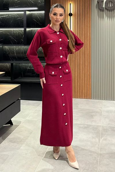 julude Claret Red Button Λεπτομερής Ζακέτα Φούστα Hijab Knitwear Σετ δύο τεμαχίων
