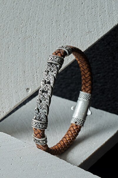 Ssilhoutte Doğaltaş Real Leather Men's Bracelet - Brass Clip and Original Fig...