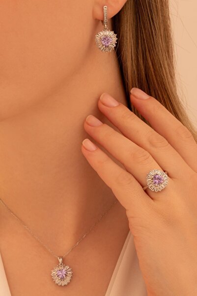 OSMANLI GÜMÜŞ Kadın Gümüş Set - Kalp Model Ametist Taşlı Baget Süslemeli Rody...