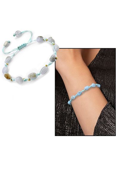 Tesbihane Macrame Braided Natural Cut Dorica Ball Detailed Chalcedony Natural Stone Women's Bracelet