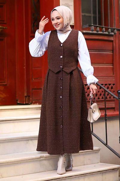 Tesettür Diyarı Women's Three Button Vest Tweed Hijab Suit