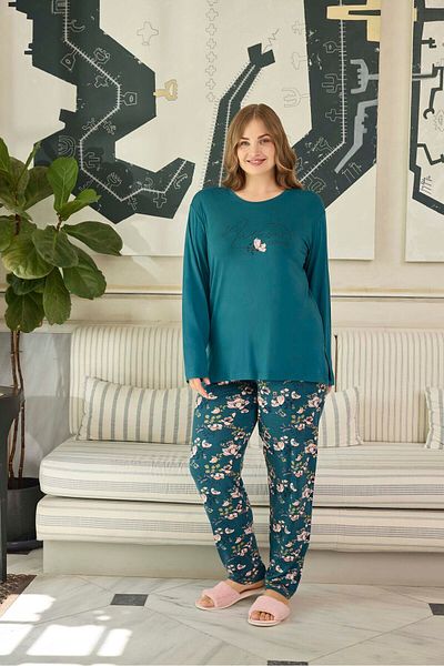 Aydoğan Lodos Store Aydoğan Women's Long Sleeve Viscose Floral Print Motto Detailed Plus Size Pajamas Set