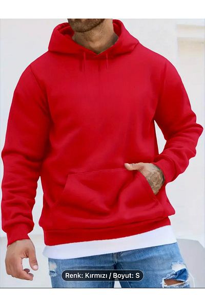 NEW TRENDY COLLECTİON Red Unisex Hooded Sweatshirt - Comfortable Kangaroo Pocket