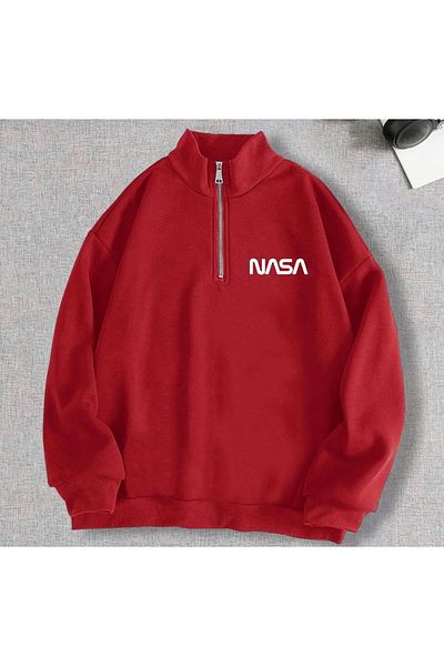 NEW TRENDY COLLECTİON Nasa Printed Oversize Half Zip Sweatshirt