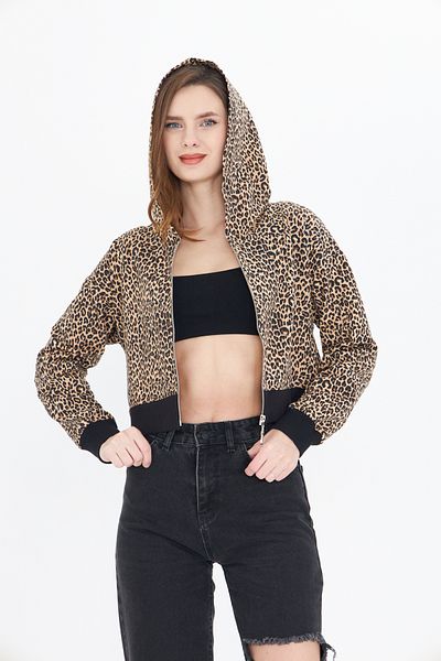 DAB Leopard Patterned Hooded Zippered Sweatshirt