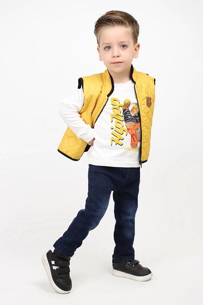 Hafez Kids Denim Pants and Vest and Bear Printed Blouse Men's 3 Piece Set