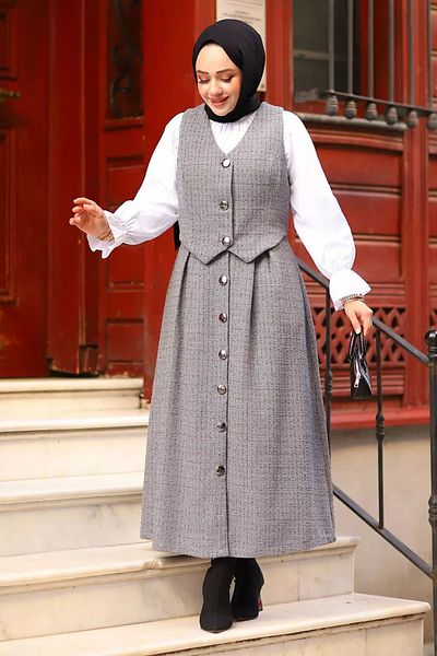 Tesettür Diyarı Women's Three Button Vest Tweed Hijab Suit