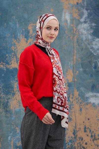 İpekhan Red White Indian Voile Shawl - 5004-15