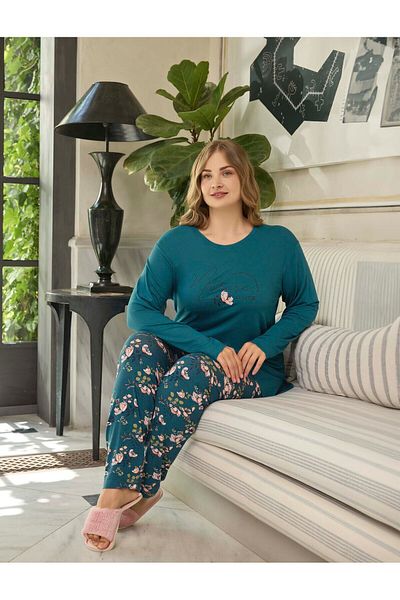 Aydoğan Lodos Store Aydoğan Women's Long Sleeve Viscose Floral Print Motto Detailed Plus Size Pajamas Set