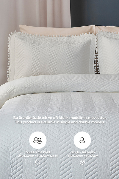 Evlen Home Collection Ponponlu %100 Pamuk Tek Kişilik Kapitone Günlük Yatak Örtüsü Pike Takımı Seti Krem / Kırık Beyaz
