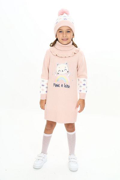 Sevimli Rochie pentru fetiță, beretă cu model de pisică pe curcubeu și eșarfă, set 3 piese