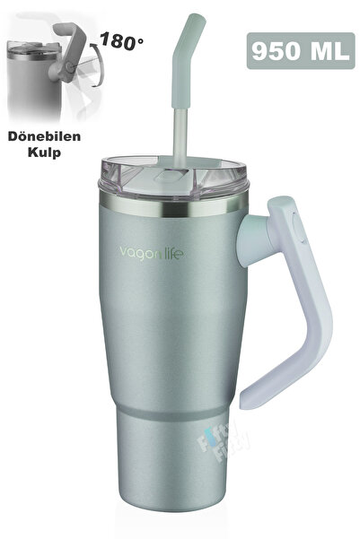 Vagonlife Rotate Handle Tumbler Cup 0.94ML/34oz Pipetli/Rahat İçim Vakumlu Paslanmaz Çelik Termos-FF