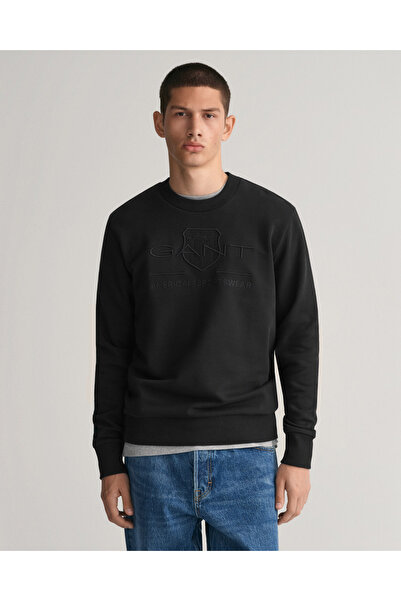 Gant Erkek Siyah Regular Fit Bisiklet Yaka Logolu Sweatshirt