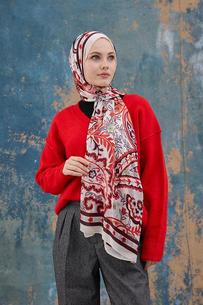 İpekhan Red White Indian Voile Shawl - 5004-15