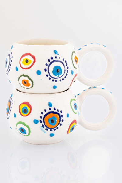 Bally Home Set of 2 Handmade Ceramic Round Evil Eye Bead Patterned Mug
