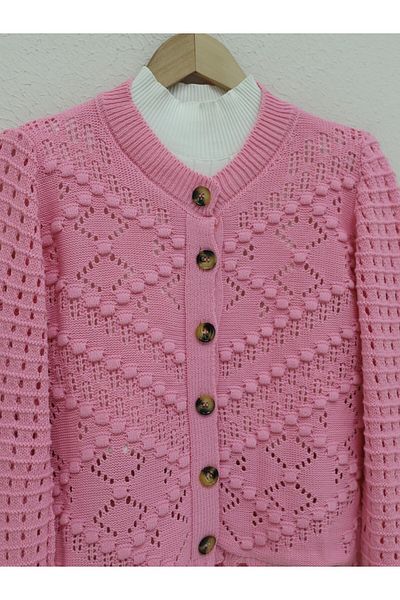 Modamorfo Rosa durchbrochene Strickjacke aus geprägtem Strick - Knochen geknöpft