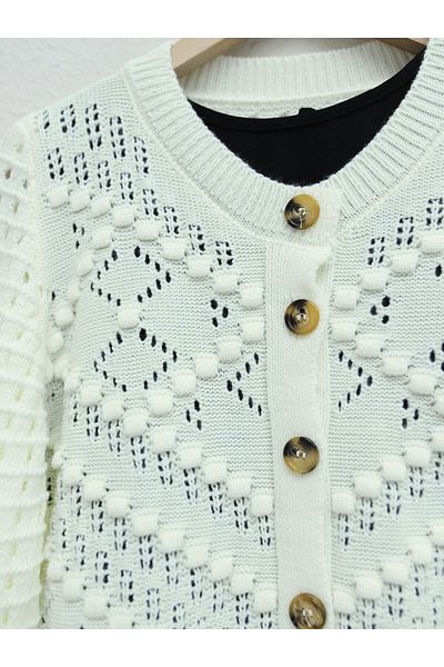 Modamorfo Cream Color Openwork Embossed and Bone Buttoned Knitwear Cardigan