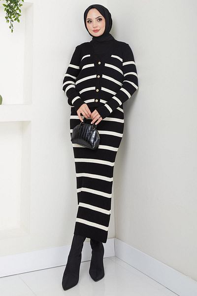 hafsamina Black Striped Gilet Knitwear Set - Hm2634