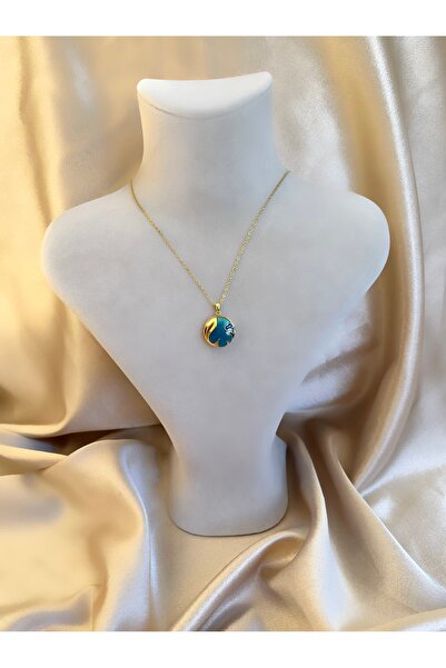 Butik Açılabilen Balık Desenli Gold Mavi Çelik Kolye