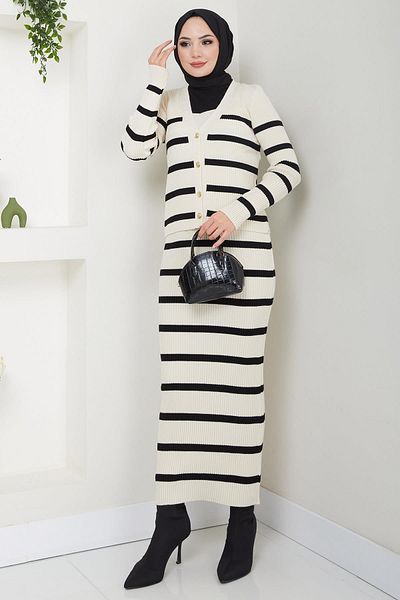 hafsamina Cream Colored Striped Gilet Knitwear Set - Hm2634