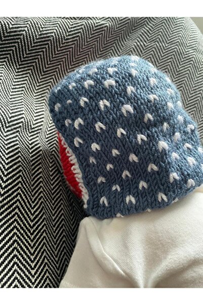 The Cloudish Shop El Örgüsü örme Laura Lora Bebek Beresi - Şapka Bonnet kırmızı mavi beyaz 0-6 ay
