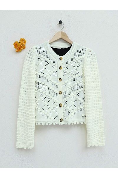 Modamorfo Cream Color Openwork Embossed and Bone Buttoned Knitwear Cardigan