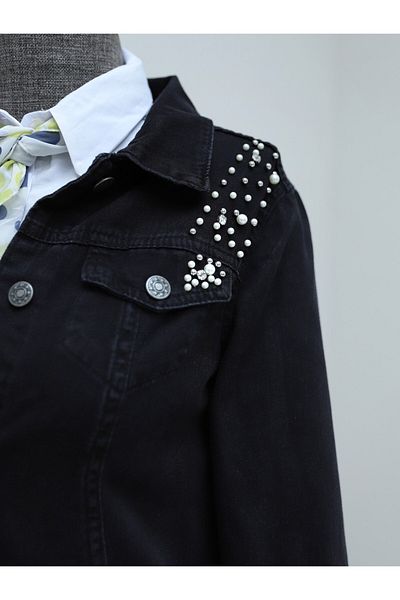 Modamorfo Schwarze Jeansjacke – mit Steinstickerei und Waschung