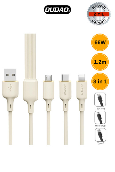 DUDAO L7se - 66w Süper Hızlı Şarj Kablosu 3'ü 1 Arada 1.2m Lightning, Micro U...