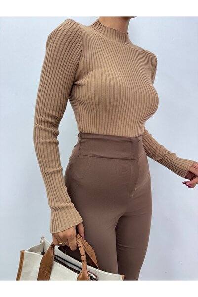 Modamorfo Half-Necked Ribbed Knitwear Sweater - Mink