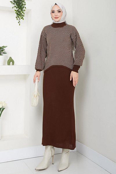 hafsamina Hm2591 Model Horizontal Striped Knitwear Sweater and Gilet Set - Brown
