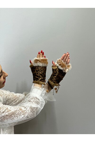 Gönülden Tasarım LEOPRA KÜRKLÜ PARMAKSIZ KADIN ELDİVEN