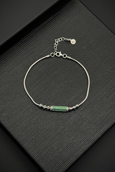 FRNCH 925 Ayar Gümüş İtalyan Model Yeşil Zirkon Taşlı Gümüş Renk Erkek Bilekl...