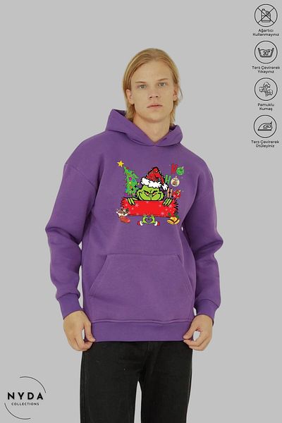 Nyda Collections Φούτερ με κουκούλα Heart Grinch New Year Printed Unisex - Μακρυμάνικο, Oversize βαμβακερό