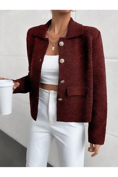 Puella Blazer de damă cu buzunar cu nasturi aurii bordeaux/Jachetă crop din tweed Cardigan pentru femei