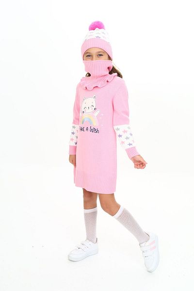 Sevimli Rochie pentru fetiță, beretă cu model de pisică pe curcubeu și eșarfă, set 3 piese