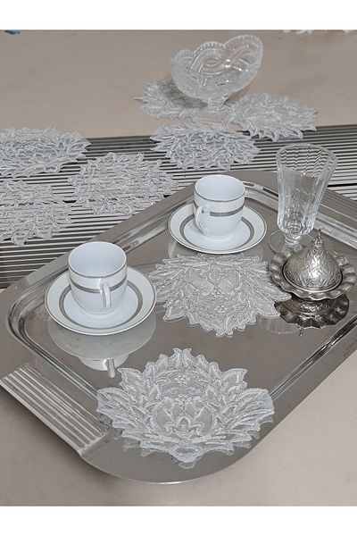 Esteks Dantel ve Tekstil Aksesuarları Decorative Guipure Lace Coffee Cocktail Presentation Napkin 6 Pieces