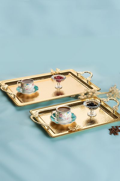 Porsima 3250 2-Piece Gold Stainless Steel Presenter Tea Coffee Tray Butterfly Detailed Decorative Serving Tray