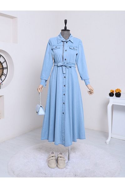 Modamorfo Rochie de blugi Ice Blue - Detaliu cu fermoar și curea
