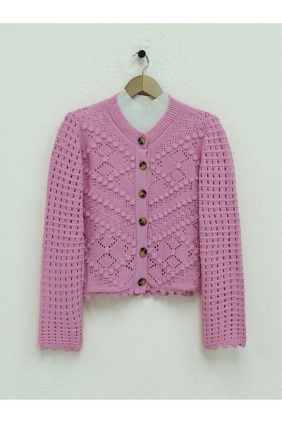 Modamorfo Rosa durchbrochene Strickjacke aus geprägtem Strick - Knochen geknöpft