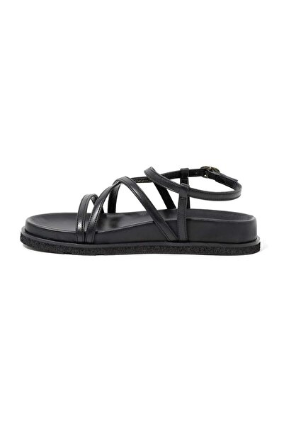 RİVUS Leather Band Detailed Flat Sandals - Black